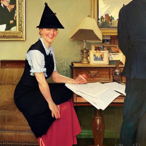 Image similar to conservative mp liz truss wearing a dunces cap, norman rockwell painting