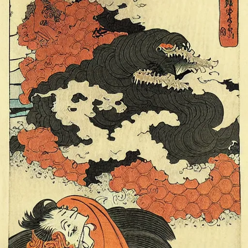 Image similar to repressed monsters and yokai of the imagination break free in a fiery revolution, by Hokusai