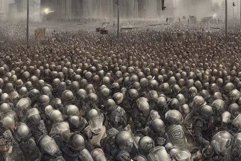 Image similar to police lined up, standing against the crowd of protesters, concept art, intricate details, highly professionally detailed, cgsociety, highly detailed -