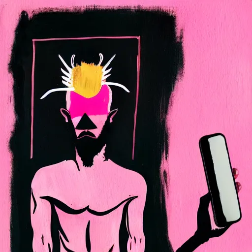 Image similar to A mirror selfie of a handsome muscular man with white angel wings and black devil horns, holding iPhone, pitchfork, pink background, abstract Basquiat oil painting with thick paint strokes