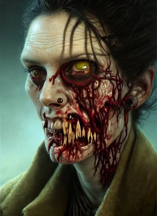 Prompt: closeup portrait shot of a zombie doctor in a scenic dystopian environment, intricate, elegant, highly detailed, centered, digital painting, artstation, concept art, smooth, sharp focus, illustration, artgerm, tomasz alen kopera, peter mohrbacher, donato giancola, joseph christian leyendecker, wlop, boris vallejo