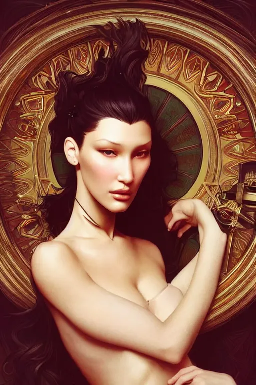 Prompt: very very beautiful longshot photo of bella hadid, intricate, elegant, highly detailed, artstation, concept art, smooth, sharp focus, illustration, art by artgerm and alphonse mucha