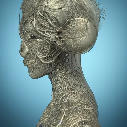 Image similar to beatifull face portrait of a woman, 150 mm, anatomical, flesh, flowers, mandelbrot fractal, facial muscles, veins, arteries, intricate, golden ratio, full frame, microscopic, elegant, highly detailed, ornate, ornament, sculpture, elegant , luxury, beautifully lit, ray trace, unreal, 3d, PBR, in the style of peter Gric , alex grey and Romero Ressendi