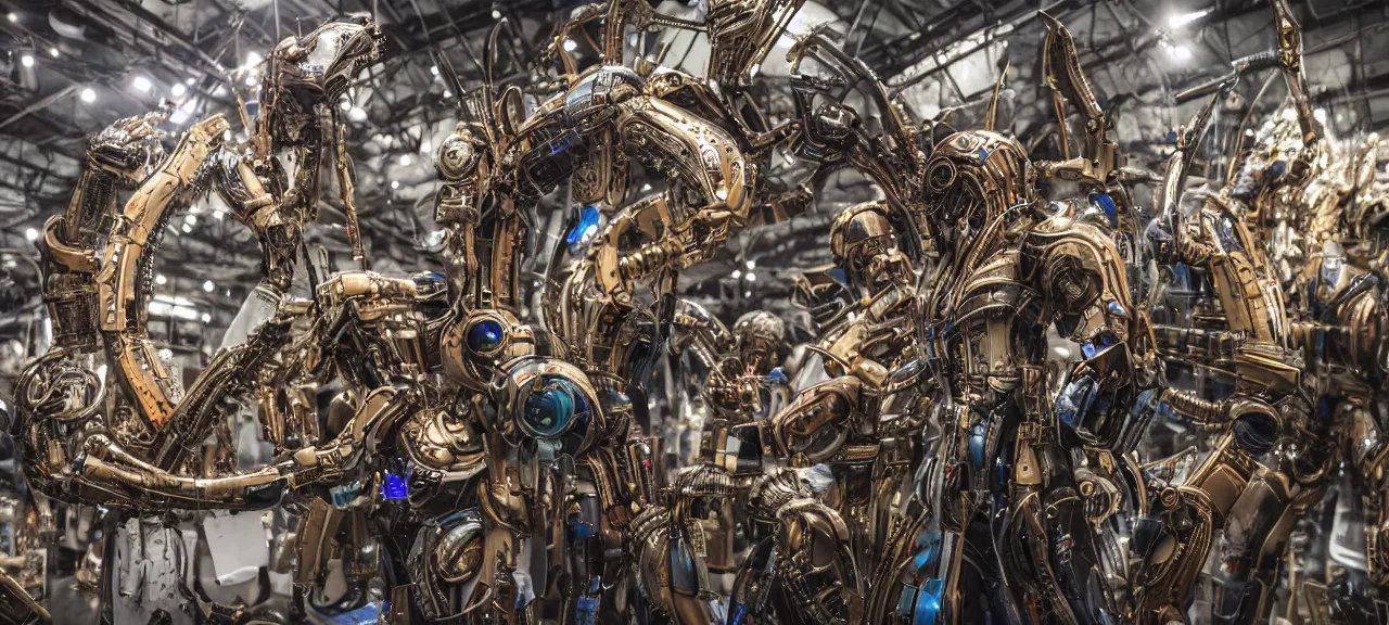 Image similar to Journalistic photography from great exhibition room with thousands of different detail crafted mechanical alien gadgets and weapons,details, realistic colorful photography