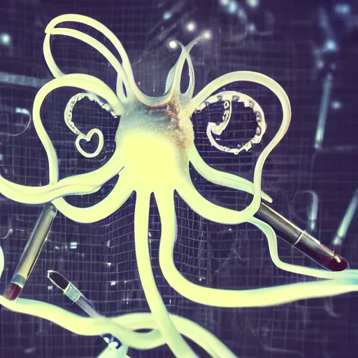 Image similar to macro photo of sci-fi cybernetic octopus holding paintbrushes, photography, filmic, cinematic, dramatic, depressed, photoshoot, 35mm, wide angle, short exposure, double-exposure, f/22, 22 megapixels, shot on 35mm, DSLR, 32k, hyper-realistic, highly detailed, ray traced, RTX, anti-aliasing, FXAA, sharpen, SFX, SSAO, de-noise, cinematic lighting, beautiful lighting, studio lighting, ultra realistic, max quality, epic 35 mm lens shot, photorealism, ray tracing global illumination, sharp focus, shadows, shaders, establishing shot