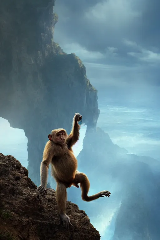 Image similar to a monkey standing at the top of a cliff throwing a bone in the air , dramatic lighting, cinematic, establishing shot, extremly high detail, photorealistic, cinematic lighting, artstation, style by James Gurney