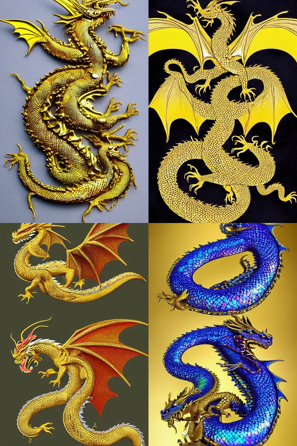 Prompt: A beautiful dragon with iridescent scales, on the top of its scales gold nuggets are created, that is why it takes a golden color, the dragon is blind so it has a great ability to hear, despite being blind it is very agile and fast, its magic is a dragon scale which is very rare, it is believed to be a creation of the dragons that have the ability to create it, and it is believed that this magic has its origin in the dragon scales that are used as weapons by the dragons, but can also be used by humans as it is the only known method that allows a blind man to see