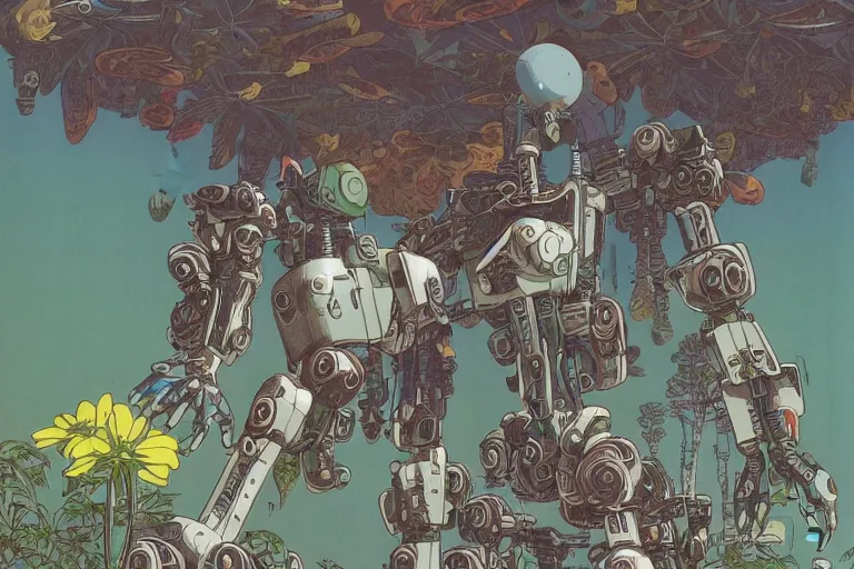 Prompt: most blues, gigantic girl head, a lot of exotic vegetation, trees, tremendous mecha robot, flowers, oldschool vintage sci - fi flat surreal design, super - detailed, 2 d gouache painting by moebius and satoshi kon, hd, 4 k, high quality