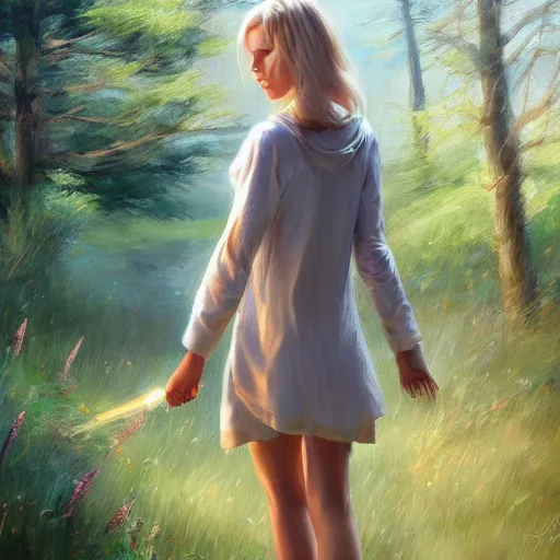 Image similar to blonde female jedi, Swedish countryside, landscape view, archipelago, painting by Vladimir Volegov, wlop, artstation