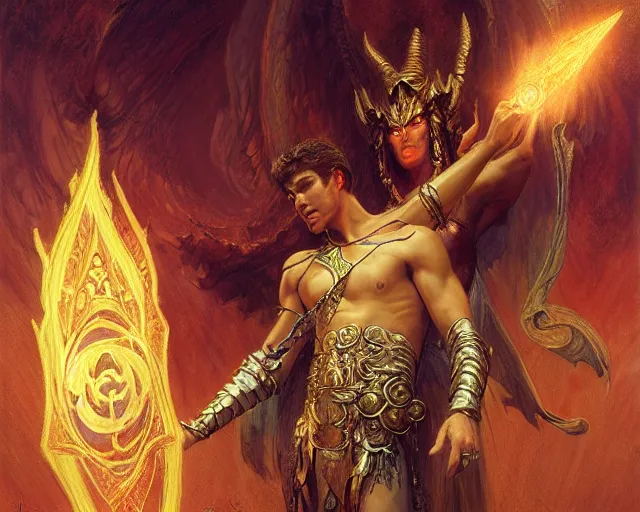 Image similar to attractive male deity, casting demonic magic, summoning handsome lucifer morning star. highly detailed painting by gaston bussiere, craig mullins, j. c. leyendecker 8 k