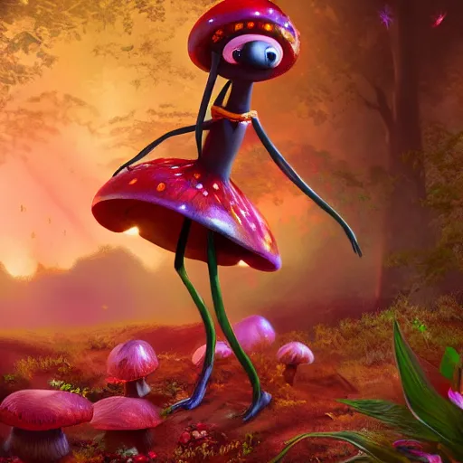 Prompt: a dark skinned anthro mushroom with long arms and long legs wearing a floral dress, fireflies, vivid colours, ultra realistic,, cg society contest winner, behance contest winner, artstation, 4 k uhd art, unreal engine 5