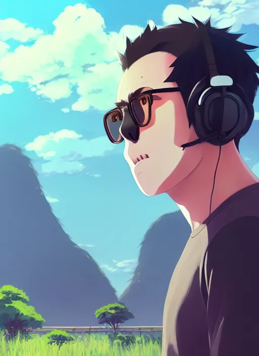 Image similar to portrait of gorilla, sunny sky background, lush landscape, illustration concept art anime key visual trending pixiv fanbox by wlop and greg rutkowski and makoto shinkai and studio ghibli and kyoto animation, symmetrical facial features, black t shit, red headphones, ripped jeans, backlit, aerodynamic frame, gta 5