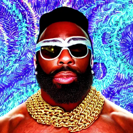 Image similar to a photograph of joe rogan as mr. t wearing many gold chains with a psychedelic dmt background