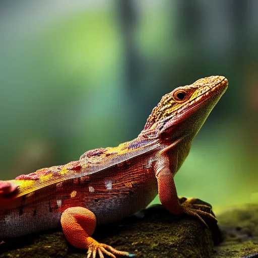 Image similar to highly detailed photograph of a lizard sitting in a steaming colorful hotspring with woodland forest backdrop, featured on artstation