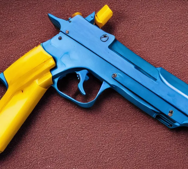 Image similar to a 4 k photorealistic photo full shot of a yellow and blue gun.