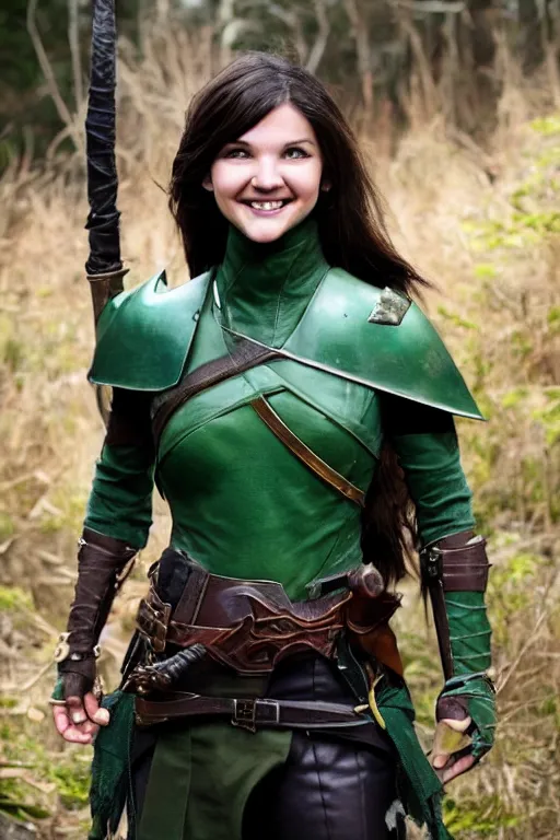 Prompt: fantasy character photo, live action. female ranger. danielle campbell. manic grin, yandere, obsessive hungry look. tall, lanky, athletic, wiry. brown & dark forestgreen leather armor. small tilted lightgreen feathered cap worn at jaunty angle. black hair in ponytail. bright blue eyes.