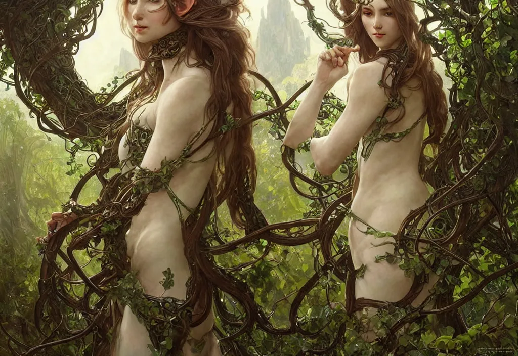 Prompt: a beautiful elven druid, clad in vines, riding a white wyvern, intricate, sharp focus, illustration, highly detailed, digital painting, concept art, matte, art by wlop and artgerm and greg rutkowski and alphonse mucha, masterpiece