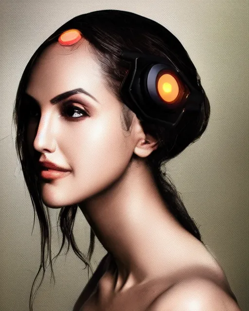 Image similar to centered portrait of soulful eiza gonzalez as a solarpunk mecha humanoid robotic parts with bright led lights, real human face, pudica gesture bouguereau style, in white room, ultra - realistic and intricate, soft portrait shot 8 k