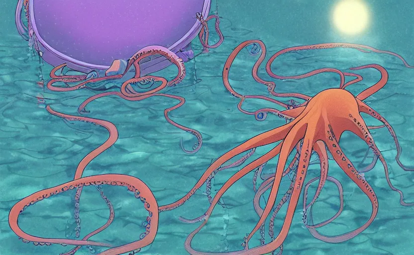 Prompt: a realistic cell - shaded studio ghibli concept art from paprika ( 2 0 0 6 ) of a flying multi - colored octopus from close encounters of the third kind ( 1 9 7 7 ) and dimensional portal to another world above a flooded pyramid complex on a misty starry night. very dull colors, wide shot, hd, 4 k, hq