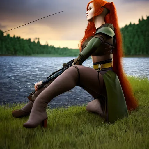 Image similar to beautiful female redhead elf warrior wearing olive green leather and a bow and quiver on her back, sitting next to a beautiful lake at sunset, enjoying the wind, looking at the water. 8 k ultra realistic, award winning, unreal engine 5, masterpiece, atmosphere glow, hyperrealistic, focused, extreme details, cinematic