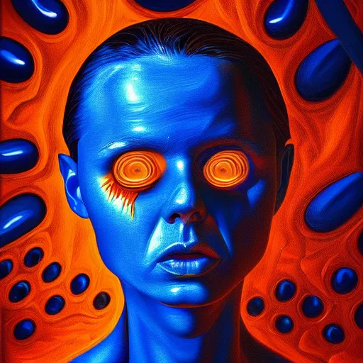 Prompt: refined oil painting, background blue, co - oli - ver - ti - godlessness phalopathy - mescaline dramatic lighting, extremely detailed, sharp focus, cast shadows, vibrant, digital art