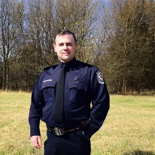 Image similar to clean - shaven chubby 3 4 year old caucasian man from uk wearing navy police sweater and necktie and black boots and police helmet. he is standing in a field.