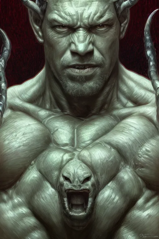 Image similar to portrait of ian hart as a hulking herculean demon, forest, godlike, full body, fantasy, intricate, elegant, highly detailed, digital painting, artstation, concept art, sharp focus, illustration, art by artgerm and greg rutkowski and alphonse mucha