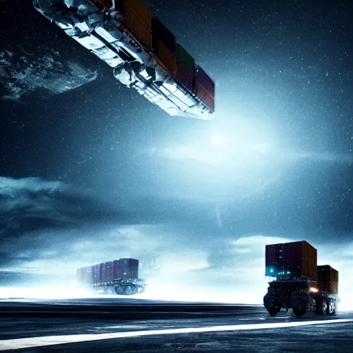 Image similar to spaceship transporting cargo containers, black background, eve online, the expanse, long shot, gritty, industrial