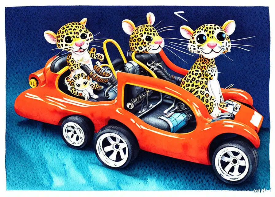 Image similar to cute and funny, baby leopard riding in a tiny go kart with oversized engine, ratfink style by ed roth, centered award winning watercolor pen illustration, isometric illustration by chihiro iwasaki, edited by range murata, tiny details by artgerm and watercolor girl, symmetrically isometrically centered