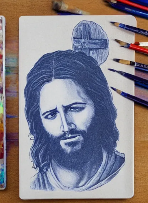 Image similar to painting of jesus drawn with blue pen on checkered notebook sheets,