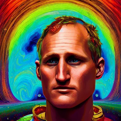 Prompt: Woody Harrelson an extremely psychedelic experience, colorful, surreal, dramatic lighting, cosmonaut, LSD, face, detailed, intricate, elegant, highly detailed, digital painting, artstation, concept art, smooth, sharp focus, illustration, art by Sam Spratt, Dan Mumford, Artem Demura and Alphonse Mucha