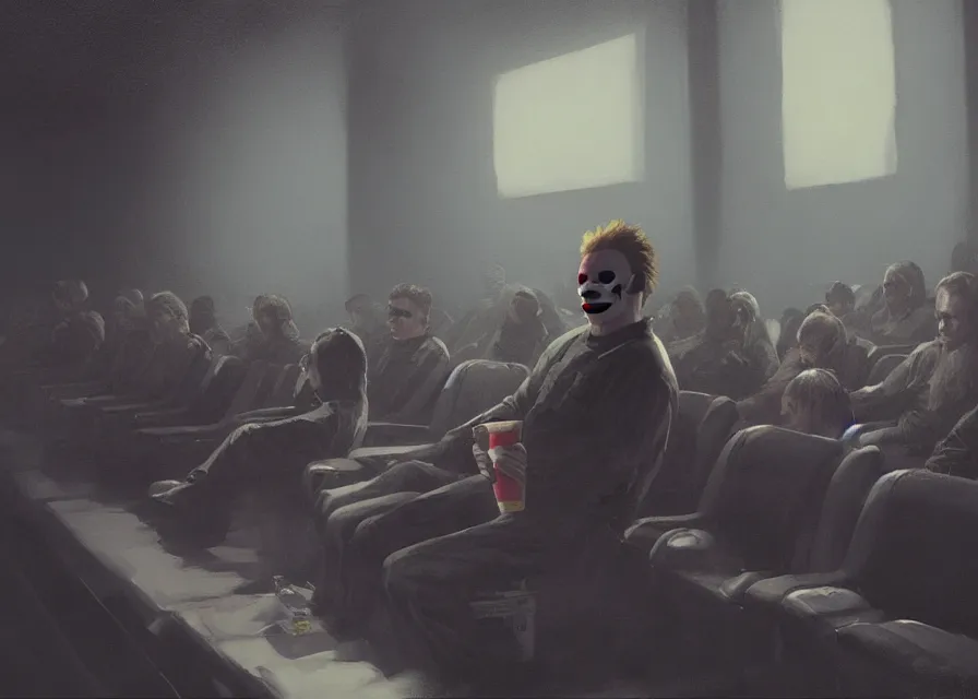 Prompt: painting of Michael Myers sitting in a row of movie theater seats eating popcorn, sharp focus, face focused, trending on ArtStation, masterpiece, by Greg Rutkowski, by Ross Tran, by Fenghua Zhong, octane, soft render, oil on canvas, moody lighting, high contrast, watching funny movie, cinematic, professional environmental concept art