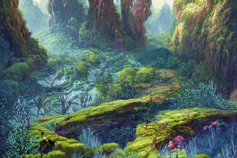 Image similar to digital painting of a lush natural scene on an alien planet by gerald brom. digital render. detailed. beautiful landscape. colourful weird vegetation. cliffs and water.