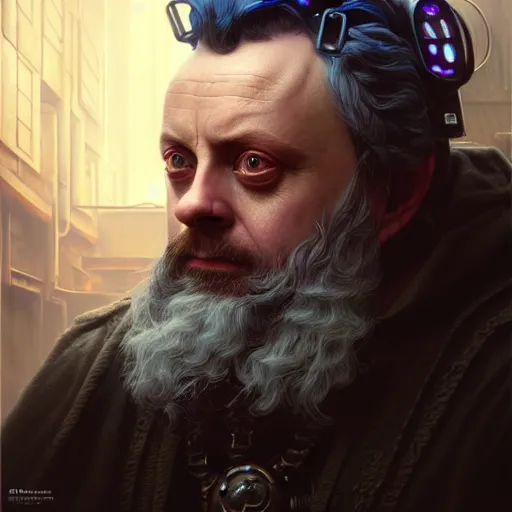 Image similar to portrait painting of a cyberpunk dwarf mage michael sheen, ultra realistic, concept art, intricate details, eerie, highly detailed, photorealistic, octane render, 8 k, unreal engine. art by artgerm and greg rutkowski and charlie bowater and magali villeneuve and alphonse mucha