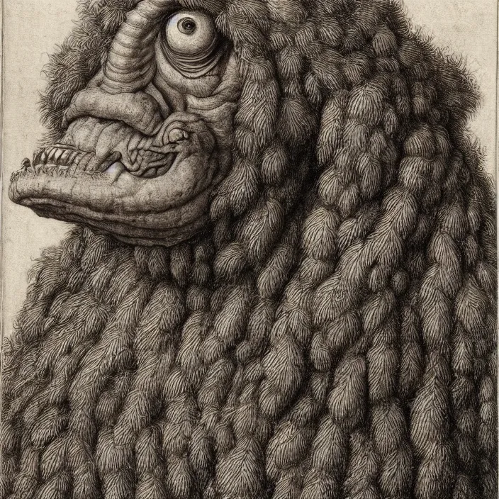 Prompt: close up portrait of a mutant monster creature with very long eyelashes that go up, covering the entire forehead. jan van eyck, walton ford