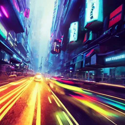 Image similar to a 3 d rendered in unreal engine guatemalan cyberpunk city with neon ads and signs with evocative dramatic mood with blade runner vibe with cars with motion blur with depth of field with bloom with lightshaft with volumetric lights, fog, by scott robertson, oscar winning graphics, photo realistic, bloom, imax, dynamic lighting, artstation, 3 d video game