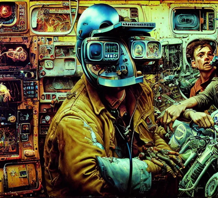 Prompt: junky men taxi driver, cybertronic gadgets and vr helmet, durty colours, rotten textures, rusty shapes, flesh + technology, biotechnology, norman rockwell, tim hildebrandt, dariusz zawadzki, larry elmore, hyperrealistic oil painting on canvas, deep depth field, cinematic composition, hyper - detailed