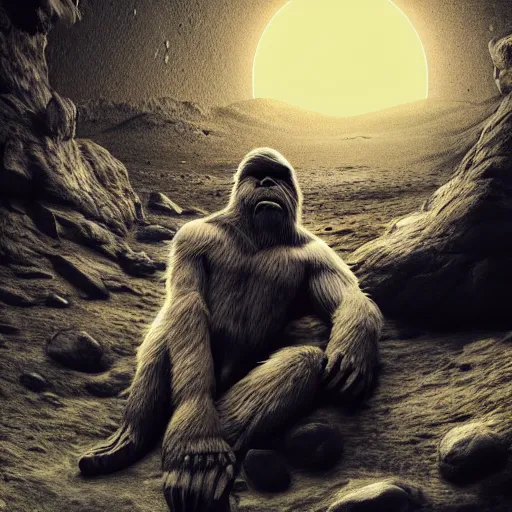 Image similar to Bigfoot sleeping on the moon, beautiful lighting,,digital art , highly detailed , high contrast, beautiful lighting, award winning , trending on art station, 8k, photo realistic,unreal engine 5