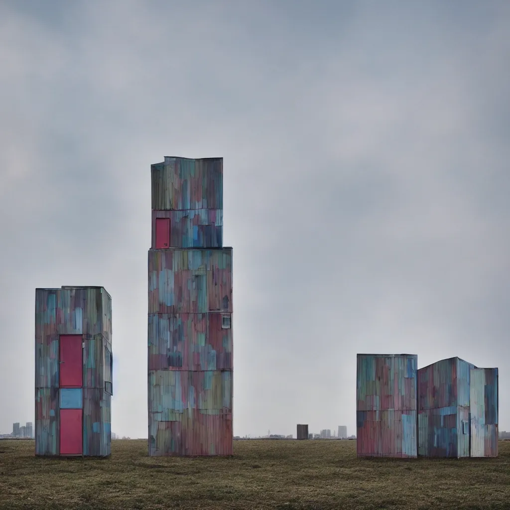 Image similar to two towers made up of colourful makeshift squatter shacks, pastel tones, plain uniform sky at the back, misty, mamiya rb 6 7, ultra sharp, very detailed, photographed by zaha hadid