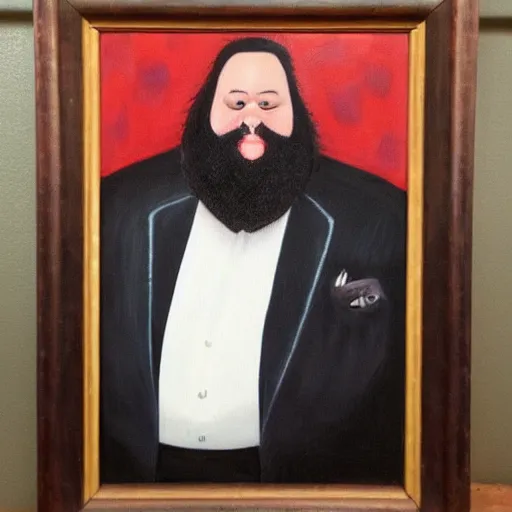 Image similar to oil painting of a very obese man with a long beard with an elegant suit