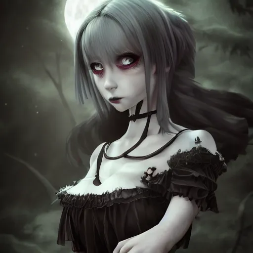 Prompt: full shot portrait of angry darkness cute anime girl at moonlight, gothic wearing, inspired by Tim Burton, WLOP, Marc Simonetti, Amano, Andrei Riabovitchev, detailed, unreal engine 4k volumetric light, fog,