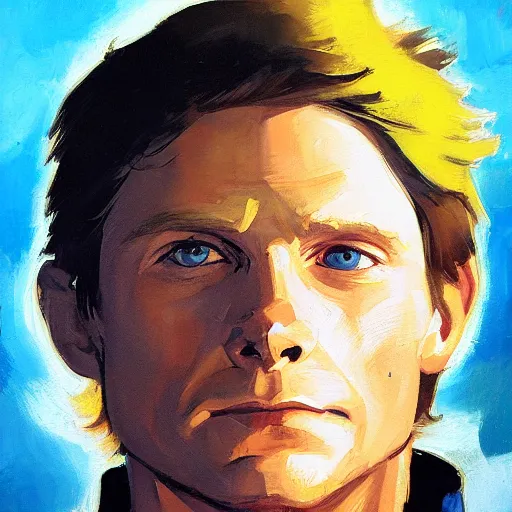 Image similar to greg manchess portrait painting of marty mcfly from back to the future as overwatch character, medium shot, asymmetrical, profile picture, organic painting, sunny day, matte painting, bold shapes, hard edges, street art, trending on artstation, by huang guangjian, gil elvgren, ruan jia, randy vargas, greg rutkowski