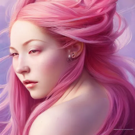 Image similar to perfectly - centered - portrait - photograph of a pink haired goddess, the perfect human female specimen, intricate, elegant, super highly detailed, professional digital painting, artstation, concept art, smooth, sharp focus, no blur, no dof, extreme illustration, unreal engine 5, 8 k, art by artgerm and greg rutkowski and alphonse mucha loish and wlop