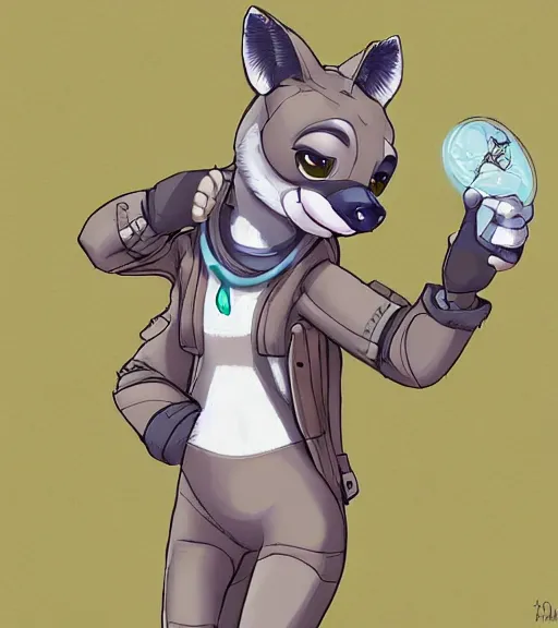 Image similar to digital detailed full body of anthromorphic female hyena, in style of zootopia, zootopia, zootopia, fursona, furry, furaffinity, 4 k, deviantart, wearing astronaut outfit, in style of zootopia, floating in space, space background, in deep space, dark background, hyena fursona, cyberpunk, female, stylized face,