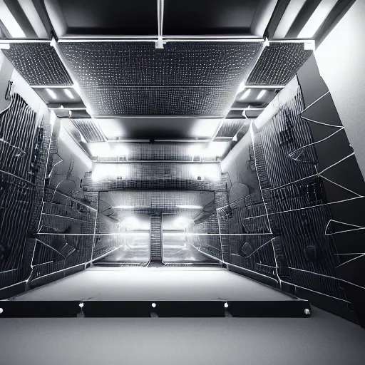 Image similar to a quantum computer, Highly Detailed, Cinematic Lighting, rim light, black and white, high contrast, hyper real, photo-realistic Unreal Engine, 8K