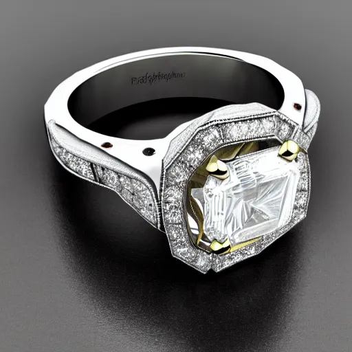 Image similar to photo of engagement ring with two diamonds outside and one in the middle, realistic, hyper detailed, concept art, victorian, multiple angles