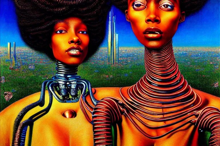 Prompt: realistic extremely detailed portrait painting of a beautiful black woman with in a dress a robot, city street on background by Jean Delville, Amano, Yves Tanguy, Ilya Repin, William Holman Hunt, Ernst Haeckel, Edward Robert Hughes, Roger Dean, rich moody colours