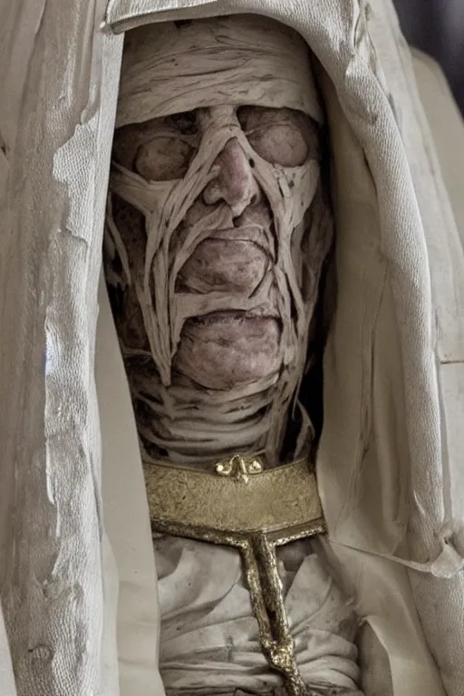 Image similar to mummified pope in his throne at the vatican, desiccated, close - up portrait, pontiff hat, mitre pretiosa, hyper realistic, sharp focus, highly detailed