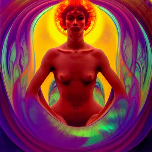 Image similar to transcendent bodhisattva mind bending indigo waves of glossy psychedelic liquid honey flowing like kaleidoscopic translucent amber, lsd waves, honey ripples, enlightenment, dramatic professional lighting, refracted sunset lighting, highly detailed, concept art, art by collier, albert aublet, krenz cushart, artem demura, alphonse mucha