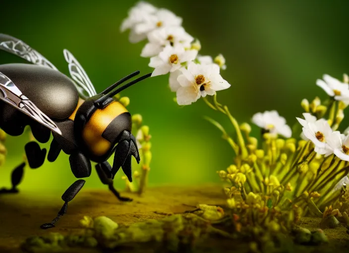 Prompt: super macro of a mechanical robotic cyborg bee drinking from a flower in the forest. fantasy magic style. highly detailed 8 k. intricate. nikon d 8 5 0 3 0 0 mm. award winning photography.